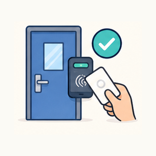 Clean illustration of secure door access using readers, staff cards, mobile unlock, and video visitor verification.