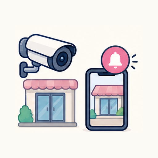 Clean illustration of camera security for a storefront with visible entrances, detection zones, alerts, and phone viewing.