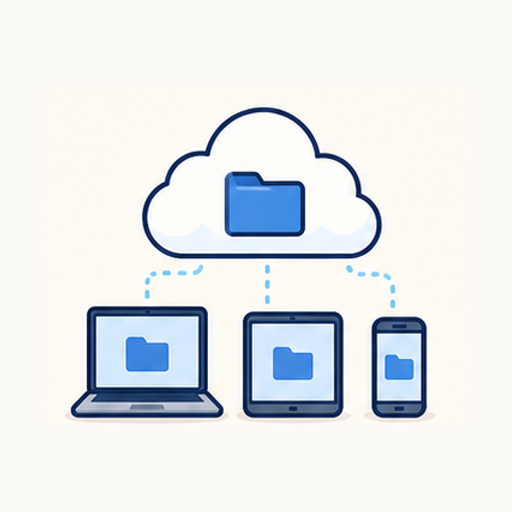 Clean illustration of staff using a shared cloud workspace from office computers, meeting rooms, laptops, and mobile devices.