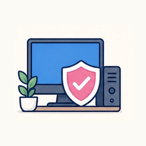 Clean illustration of managed IT keeping a team working with protected devices, updates, vendor help, and calm support.