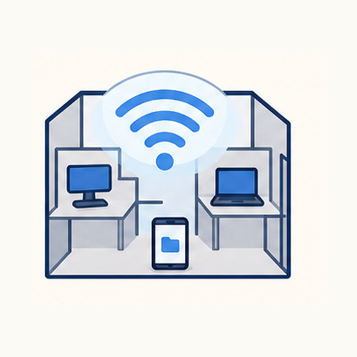 Clean illustration of reliable Wi-Fi coverage across a business, including front desk, shop, office, and guest areas.