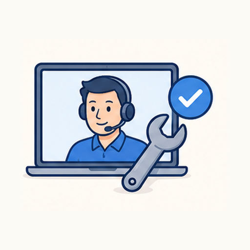 Clean illustration of direct IT support with remote help, onsite work, and follow-up notes.
