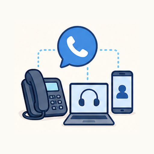 Clean illustration of one business phone number intelligently reaching office desk phones, home offices, and cell phone apps.